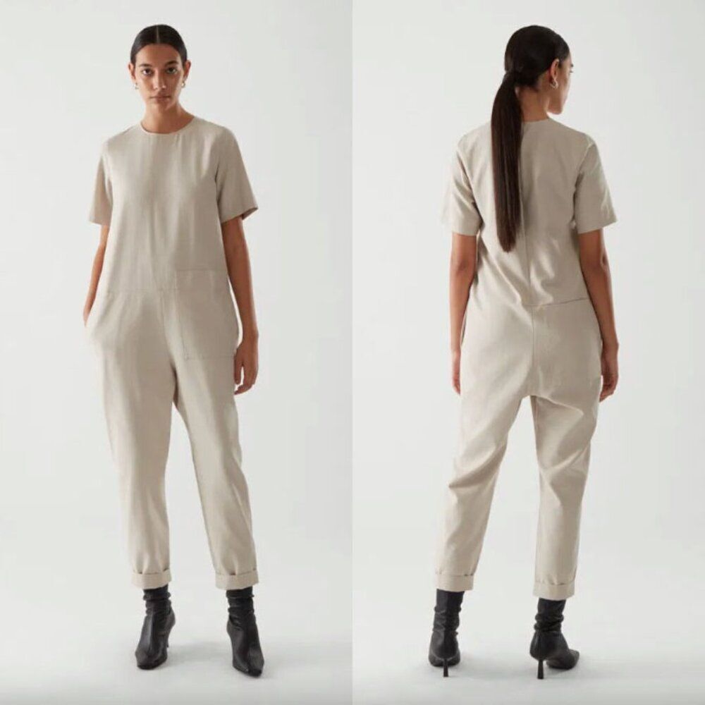 COS beige off white nude neutral lyocell cotton short sleeve drop waist jumpsuit